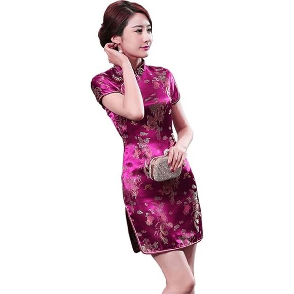 🐉 Mandarin Collar Cheongsam Chinese Dragon Print Side Slits Qipao Dress S NEW - Picture 1 of 16